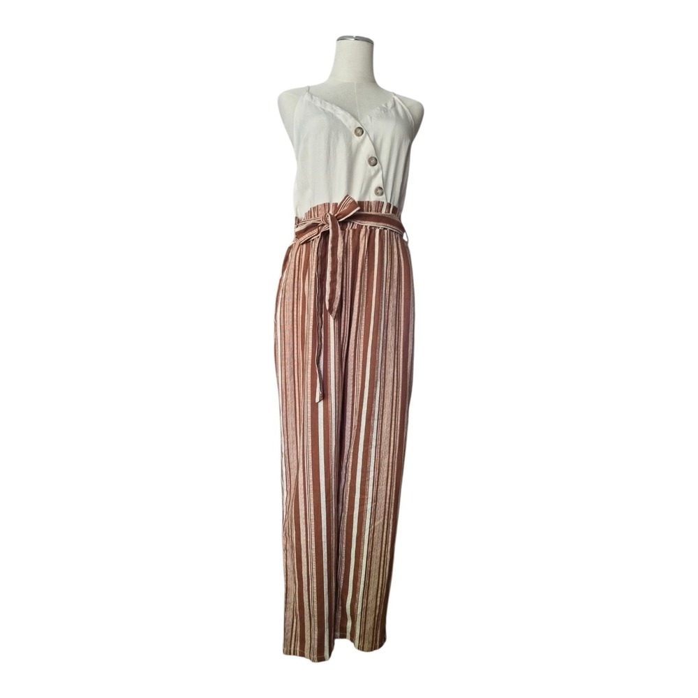 E&M Striped Sleeveless Jumpsuit Large Tie Waist Wide Leg Linen Blend Nwot